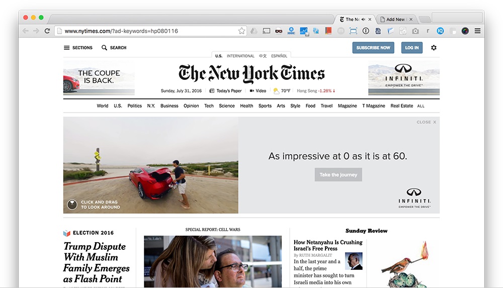 New York Times Showcases 360 Video on Masthead Ad Spot