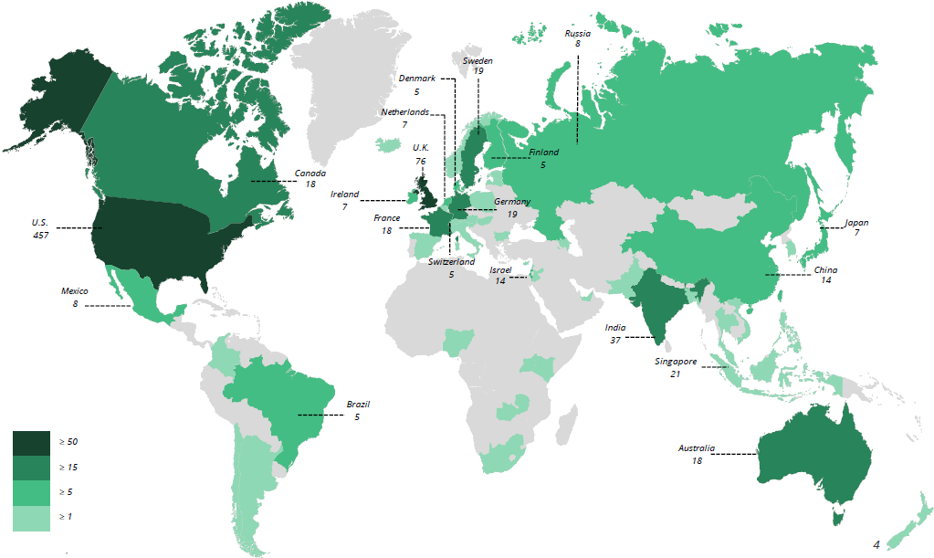 A map showing the volume of fintech deals across the world